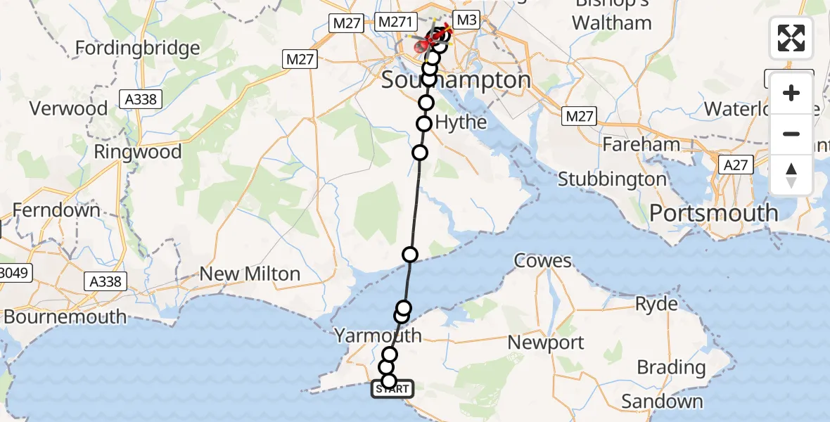 Flight path map showing Air Ambulance Helicopter route from Freshwater to University Hospital Southampton