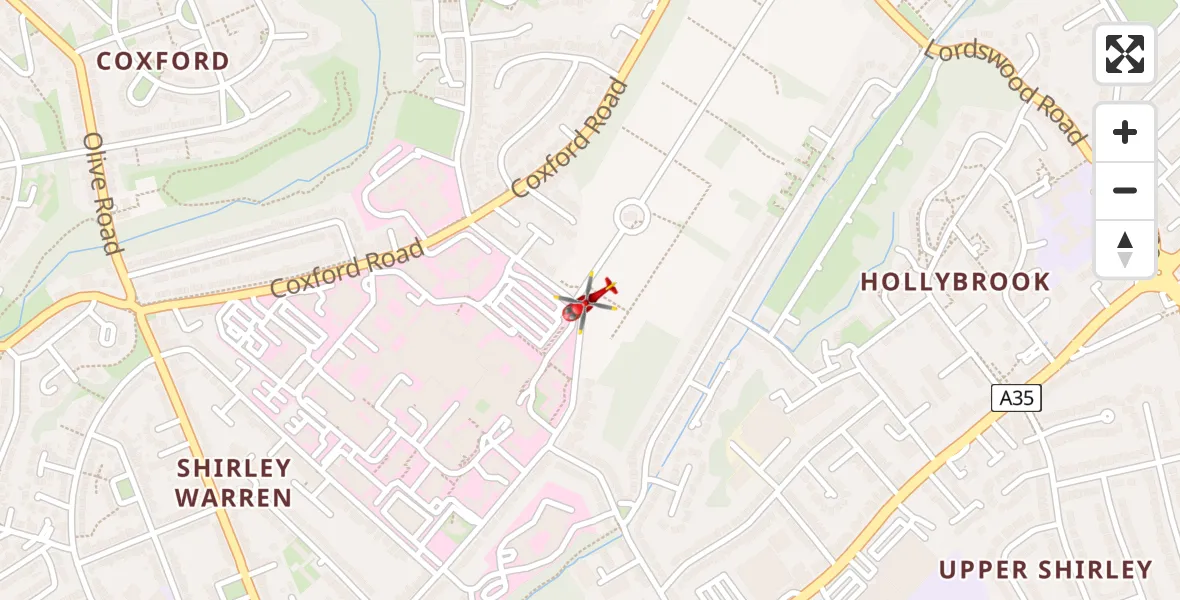Flight path map showing Air Ambulance Helicopter route from University Hospital Southampton to University Hospital Southampton
