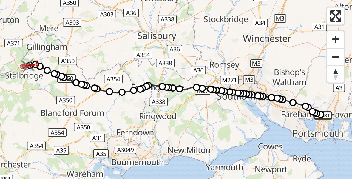 Flight path map showing Air Ambulance Helicopter route from Queen Alexandra Hospital to Henstridge