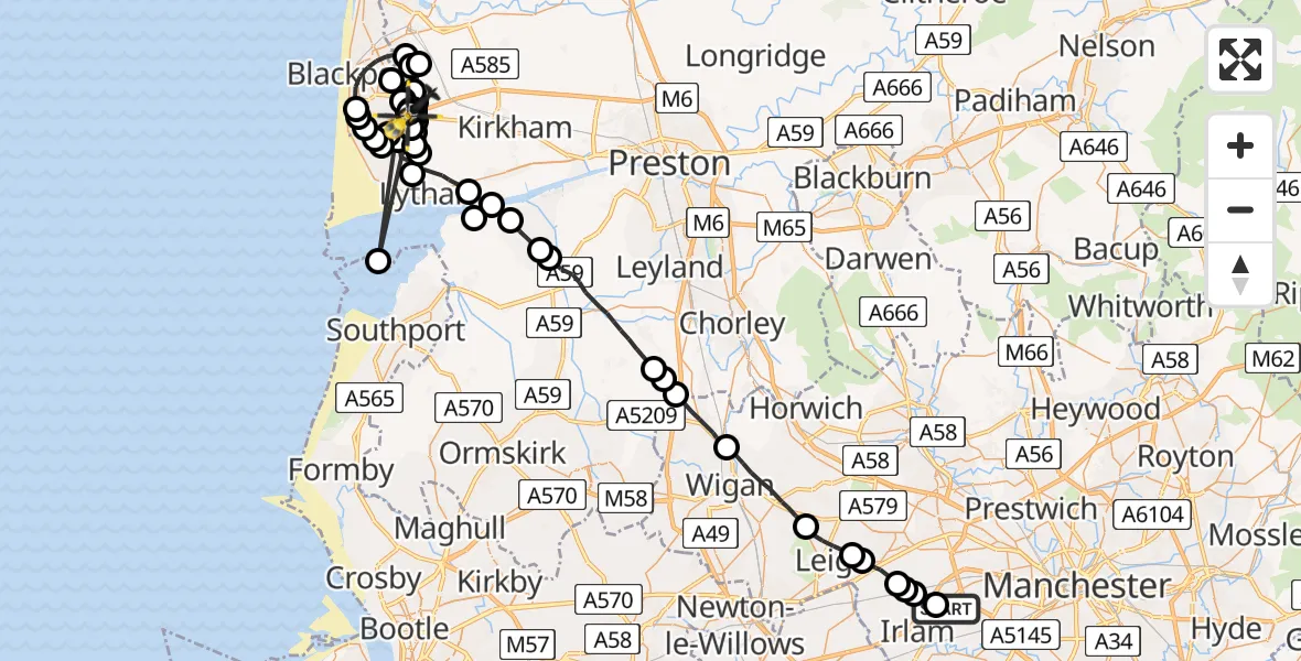 Flight path map showing Police Helicopter route from Manchester Barton Aerodrome to Mereside