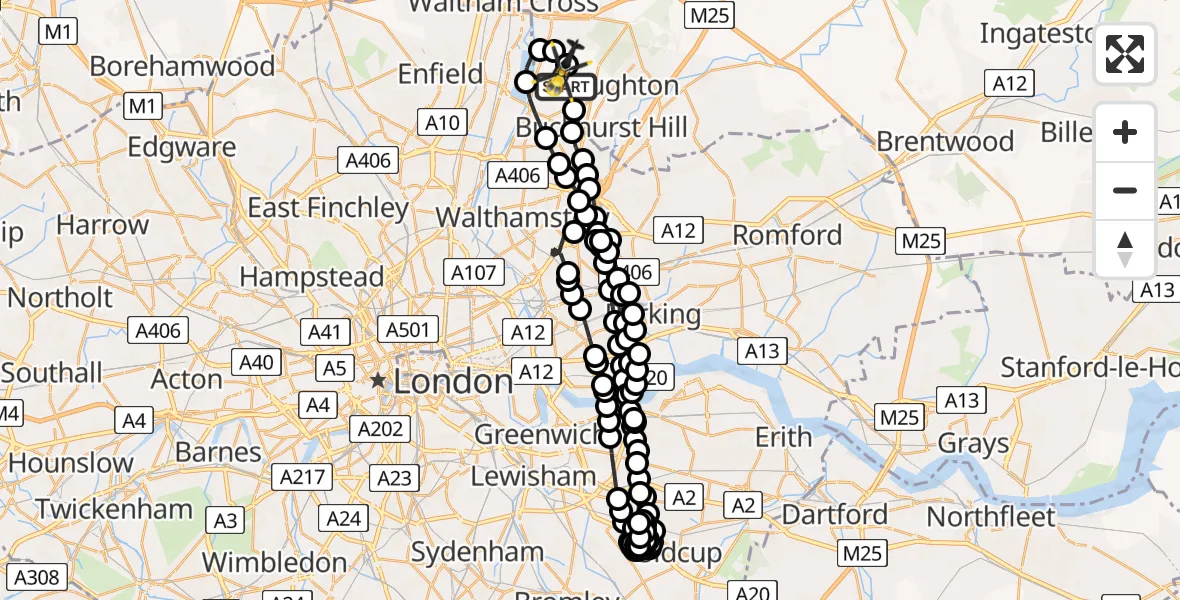 Flight path map showing Police Helicopter route from Sewardstonebury to Epping Forest
