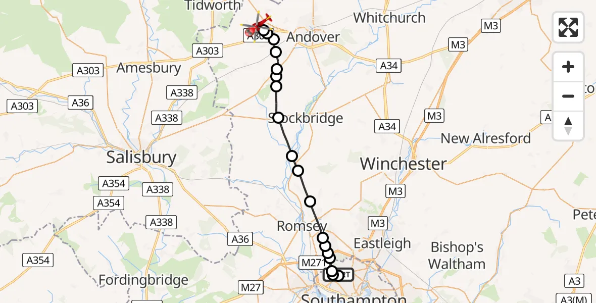 Flight path map showing Air Ambulance Helicopter route from University Hospital Southampton to Fyfield