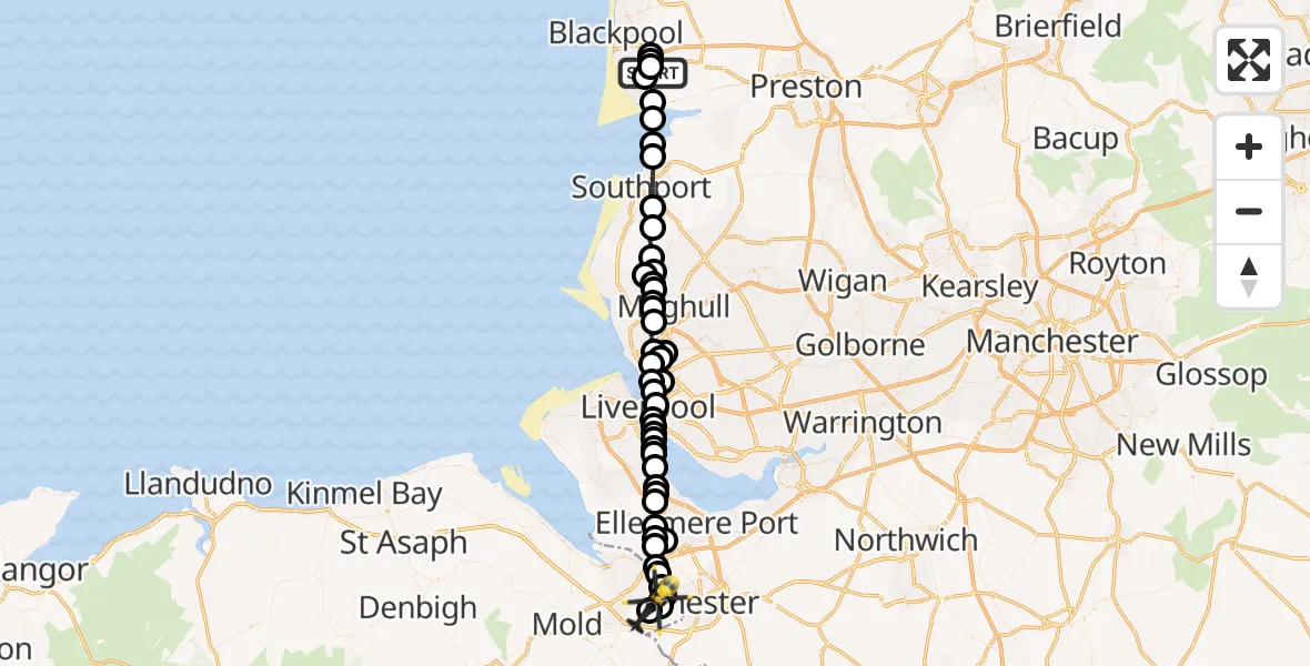 Flight path map showing Police Helicopter route from Lytham St Annes to Hawarden Airport