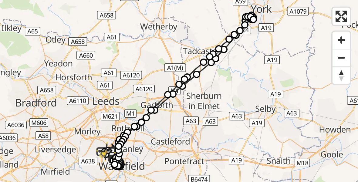 Flight path map showing Police Helicopter route from East Ardsley to Wrenthorpe
