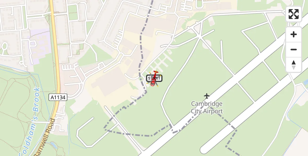 Flight path map showing Air Ambulance Helicopter route from Cambridge City Airport to Cambridge City Airport