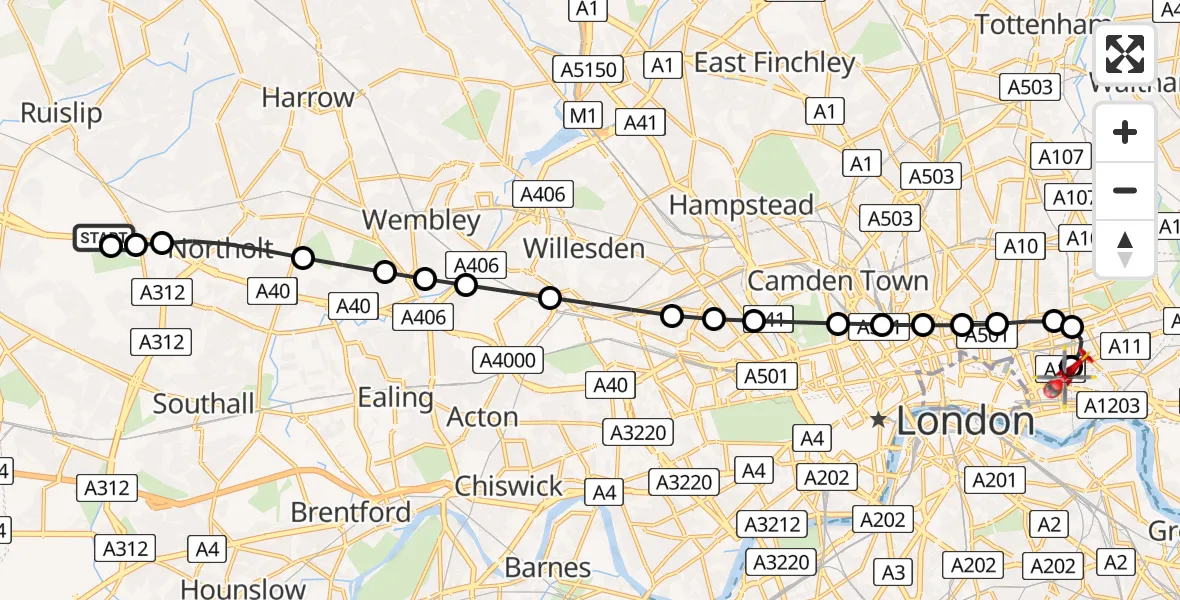 Flight path map showing Air Ambulance Helicopter route from RAF Northolt to Royal London Hospital