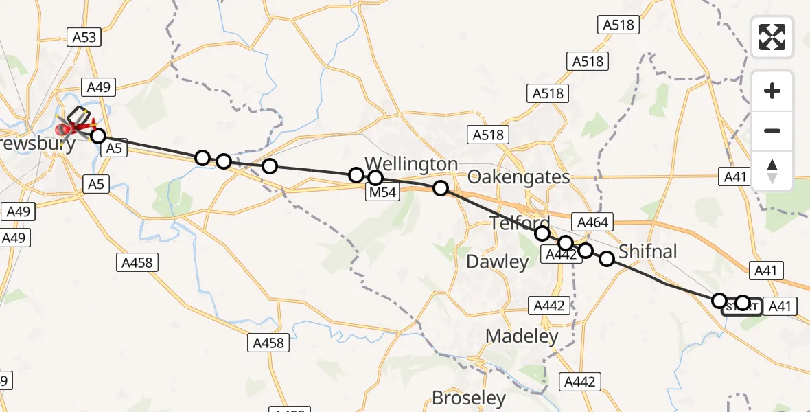 Flight path map showing Air Ambulance Helicopter route from RAF Cosford to Shrewsbury