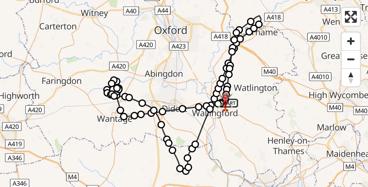Flight path map showing Air Ambulance Helicopter route from RAF Benson to RAF Benson