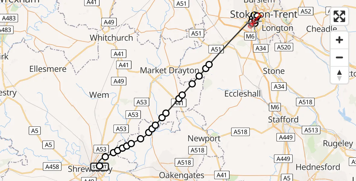 Flight path map showing Air Ambulance Helicopter route from Shrewsbury to University Hospital North Staffs