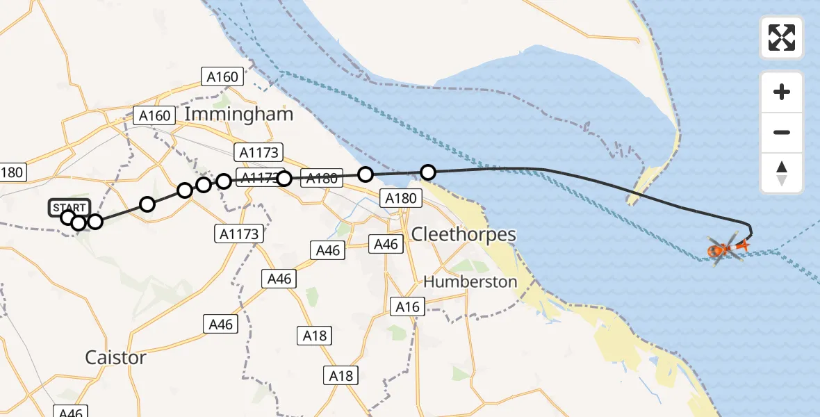 Flight path map showing Coastguard Helicopter route from Humberside Airport to North Sea