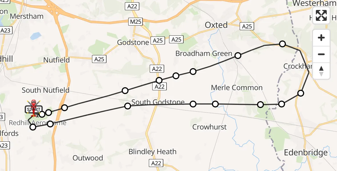 Flight path map showing Air Ambulance Helicopter route from Redhill Aerodrome to Redhill Aerodrome