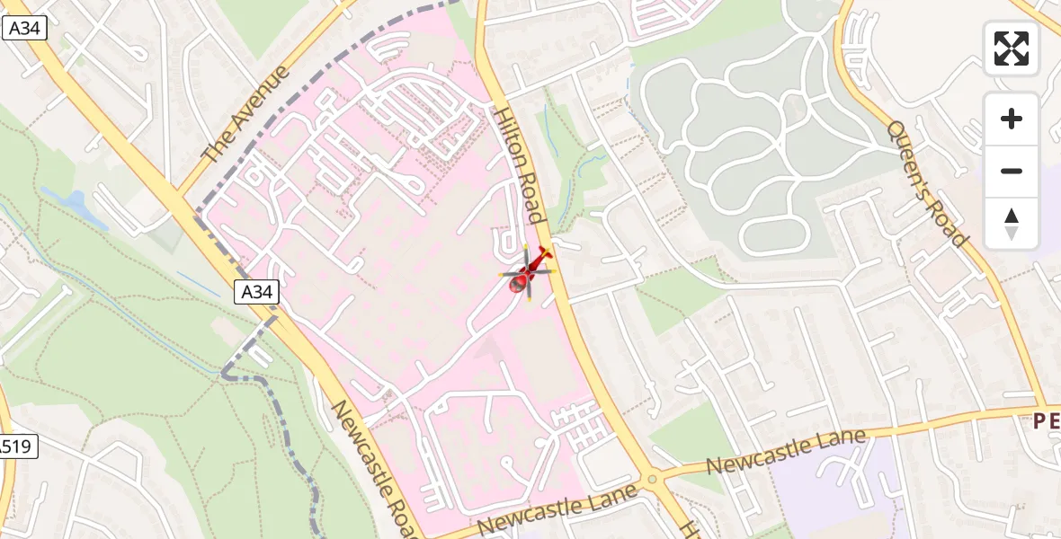 Flight path map showing Air Ambulance Helicopter route from University Hospital North Staffs to University Hospital North Staffs