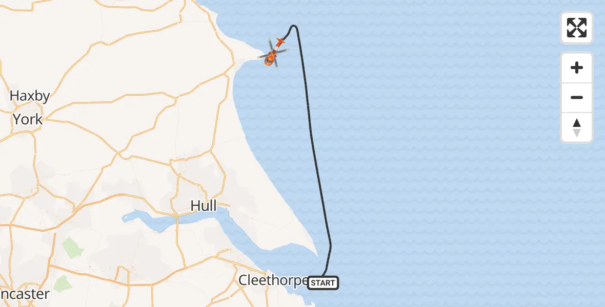 Flight path map showing Coastguard Helicopter route from North Sea to North Sea