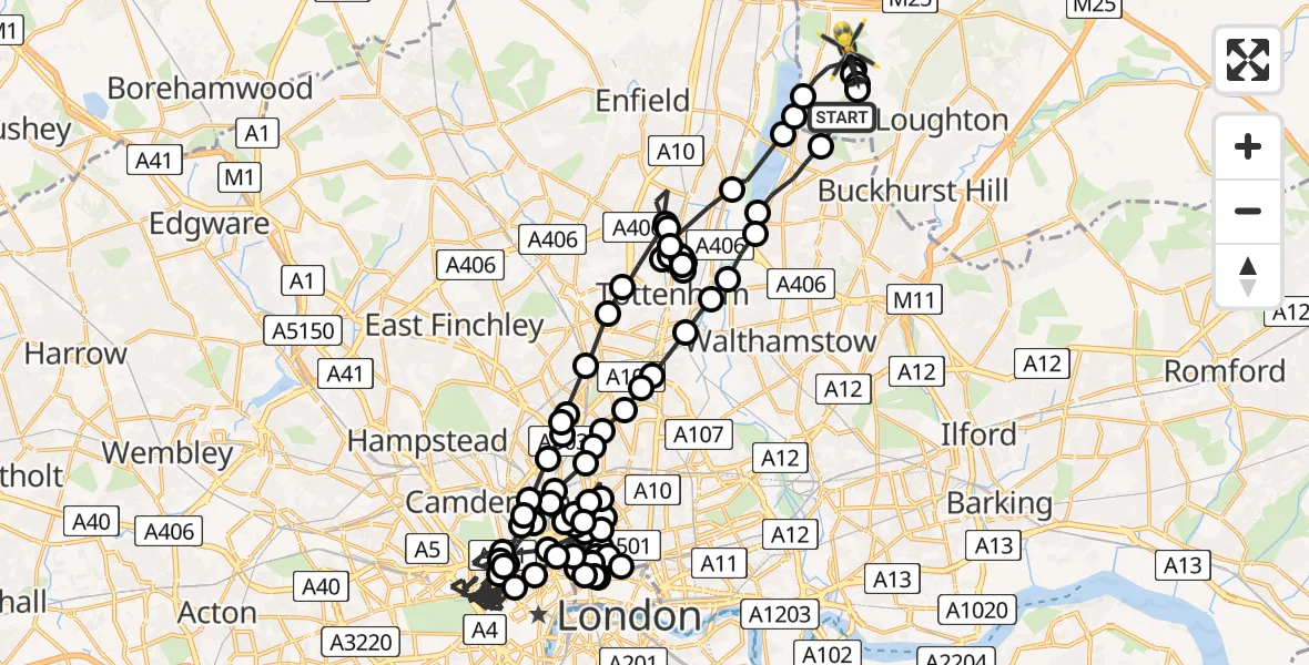 Flight path map showing Police Helicopter route from Sewardstonebury to Epping Forest