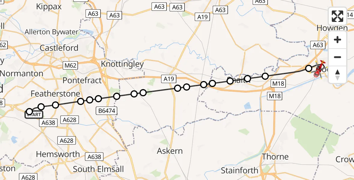 Flight path map showing Air Ambulance Helicopter route from YAA Nostell Helicopter Port to Goole