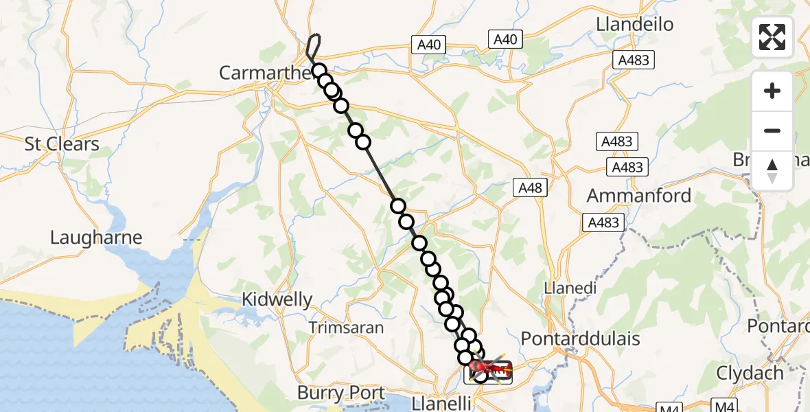 Flight path map showing Air Ambulance Helicopter route from Dafen to Dafen