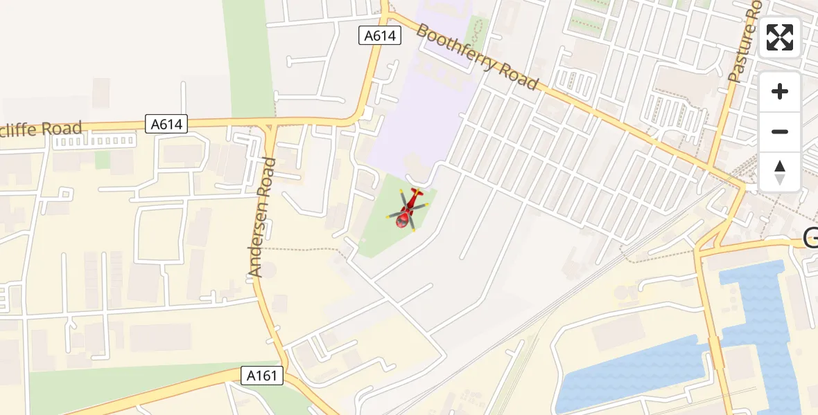 Flight path map showing Air Ambulance Helicopter route from Goole to Goole