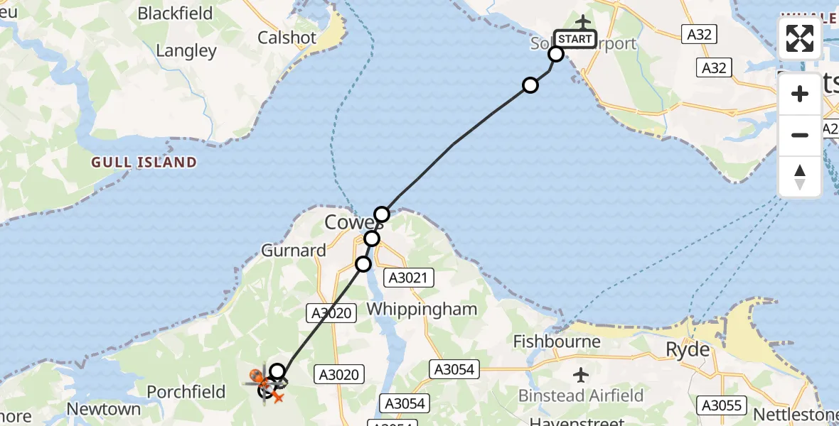 Flight path map showing Coastguard Helicopter route from Solent Airport to Newport