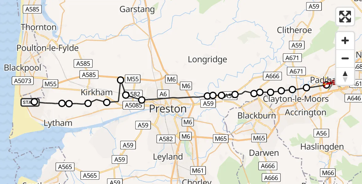 Flight path map showing Air Ambulance Helicopter route from Blackpool Airport to Padiham