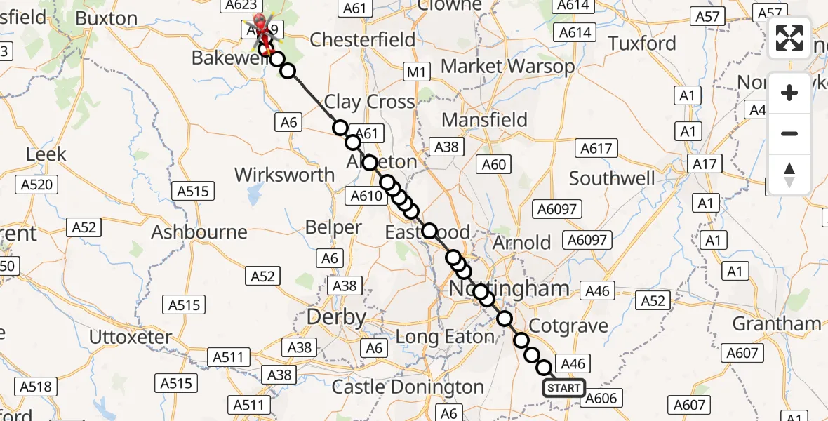 Flight path map showing Air Ambulance Helicopter route from Widmerpool to Baslow
