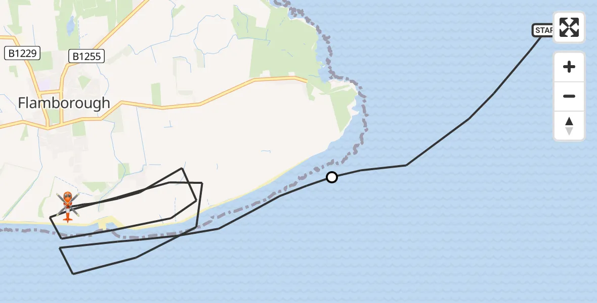 Flight path map showing Coastguard Helicopter route from North Sea to Flamborough