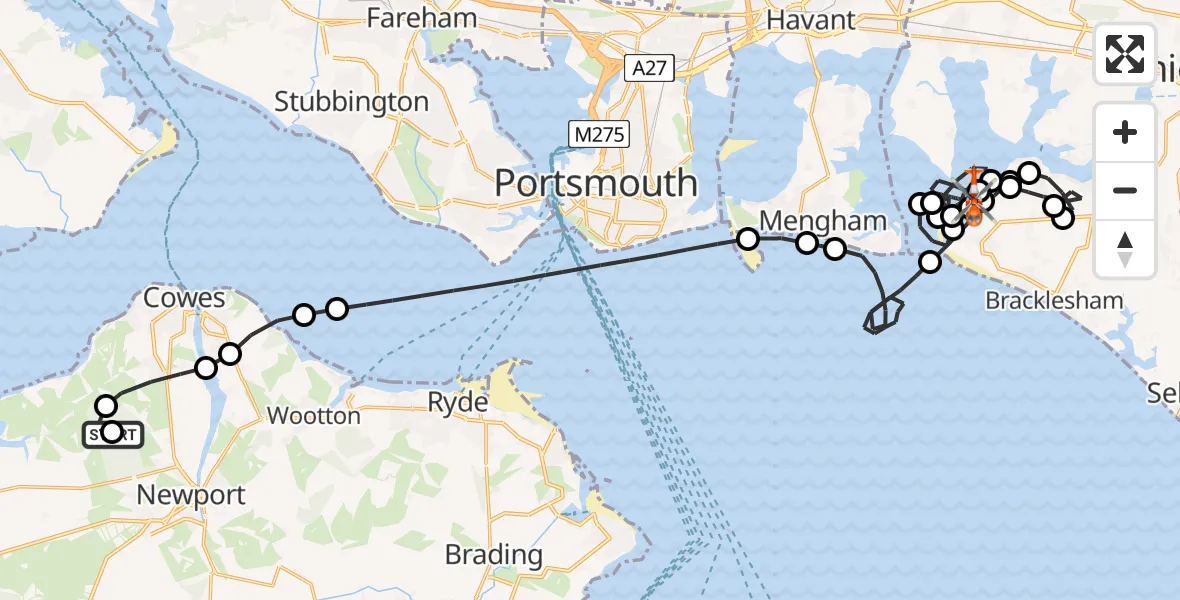 Flight path map showing Coastguard Helicopter route from Northwood to Chichester