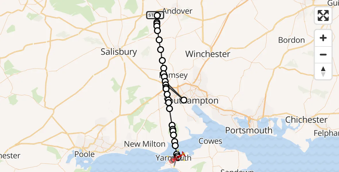 Flight path map showing Air Ambulance Helicopter route from Thruxton to Yarmouth