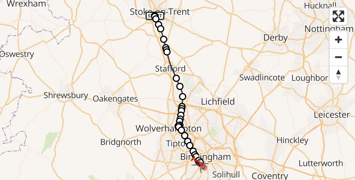 Flight path map showing Air Ambulance Helicopter route from University Hospital North Staffs to Metchley