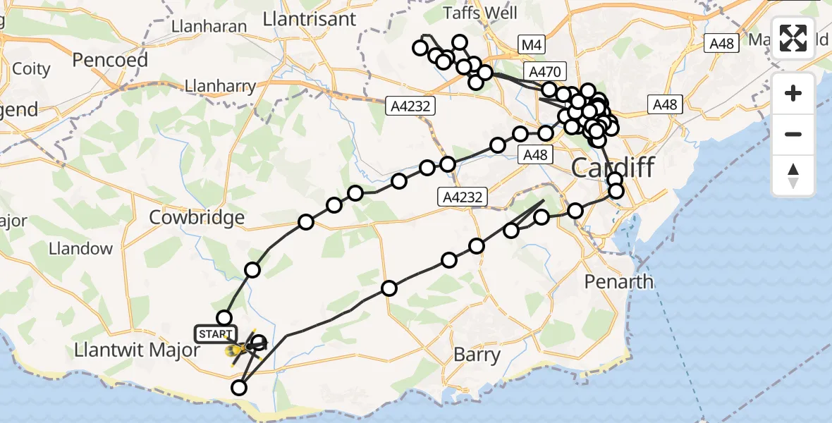 Flight path map showing Police Helicopter route from MOD St Athan to MOD St Athan