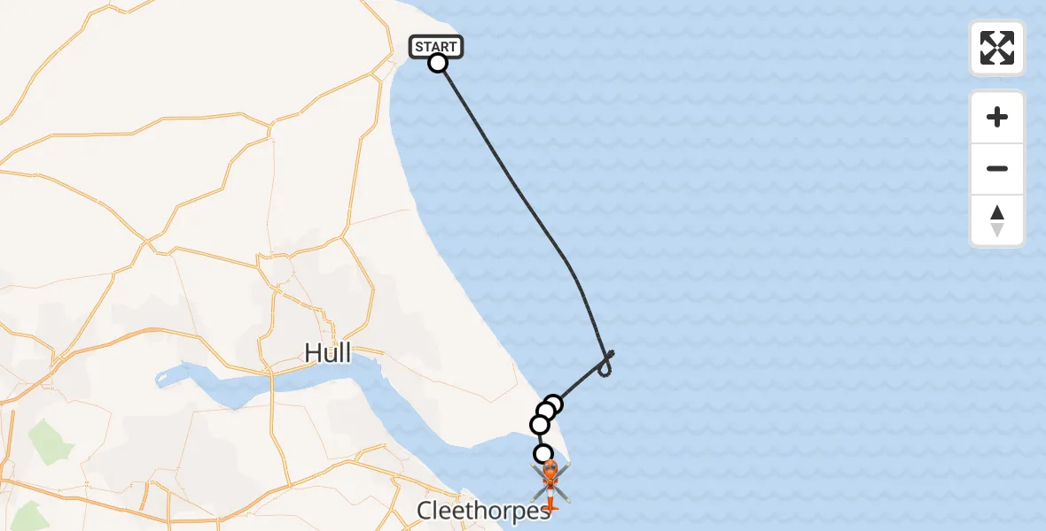 Flight path map showing Coastguard Helicopter route from Flamborough to North Sea