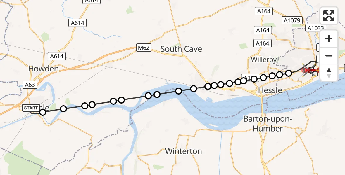 Flight path map showing Air Ambulance Helicopter route from Goole to Hull Royal Infirmary