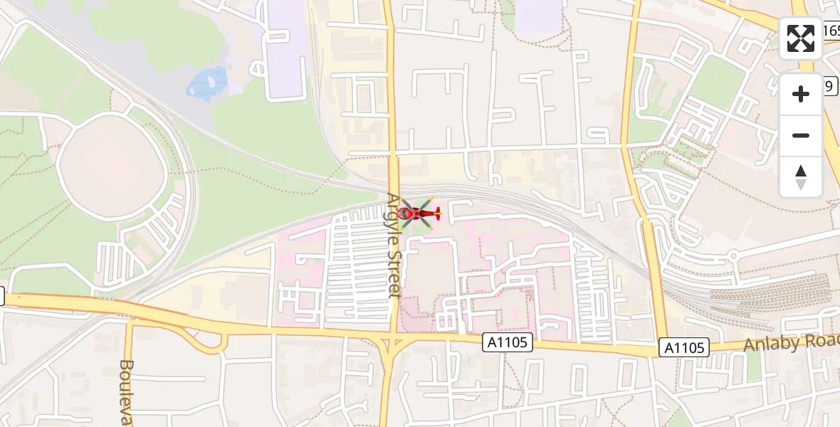 Flight path map showing Air Ambulance Helicopter route from Hull Royal Infirmary to Hull Royal Infirmary