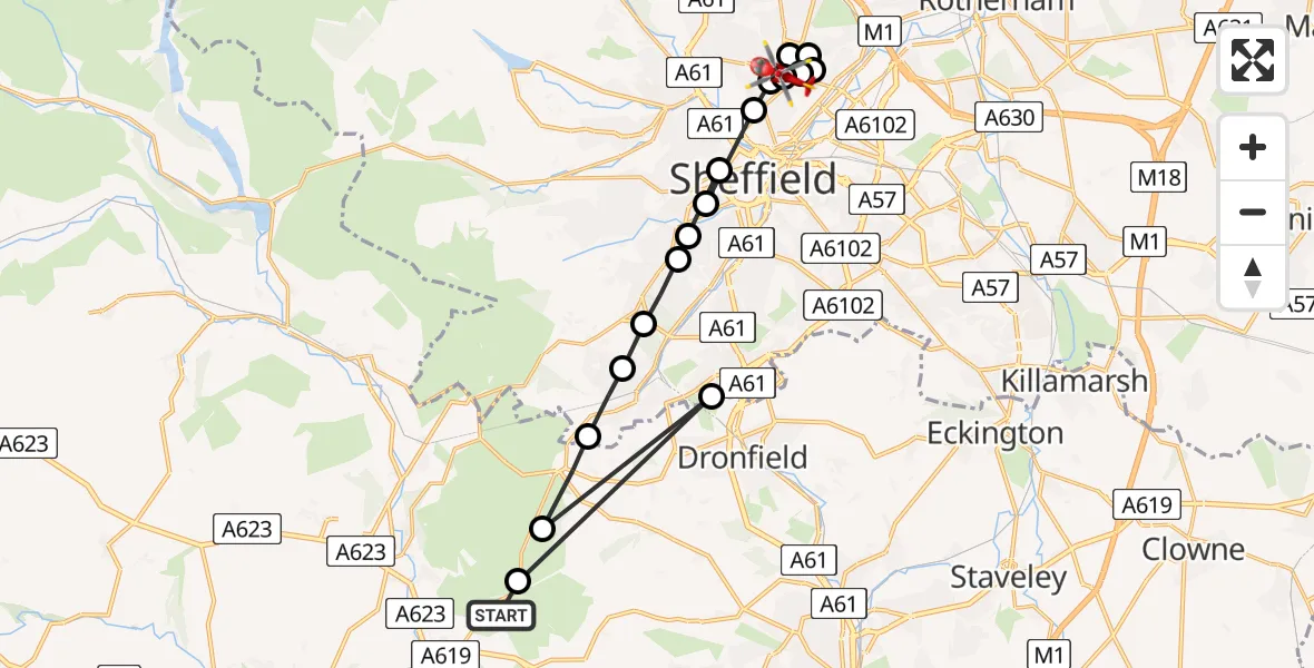 Flight path map showing Air Ambulance Helicopter route from Baslow to Sheffield Northern Hospital