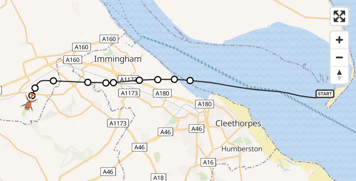 Flight path map showing Coastguard Helicopter route from North Sea to Humberside Airport