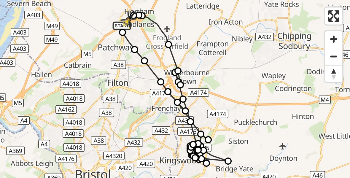 Flight path map showing Police Helicopter route from Almondsbury to Almondsbury Helicopter Base