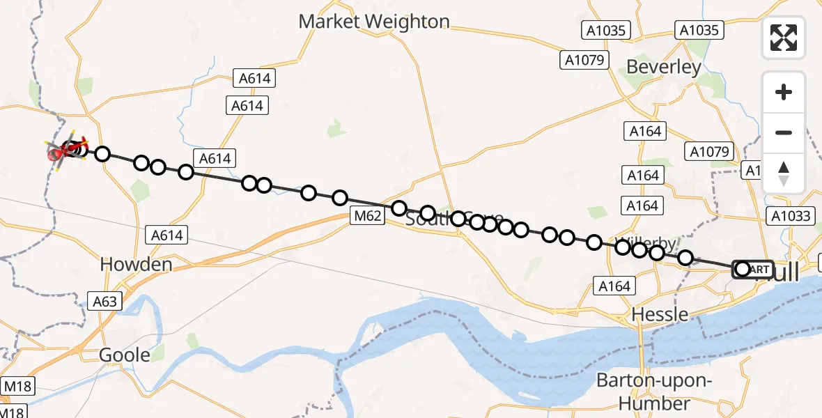 Flight path map showing Air Ambulance Helicopter route from Hull Royal Infirmary to Breighton Airfield