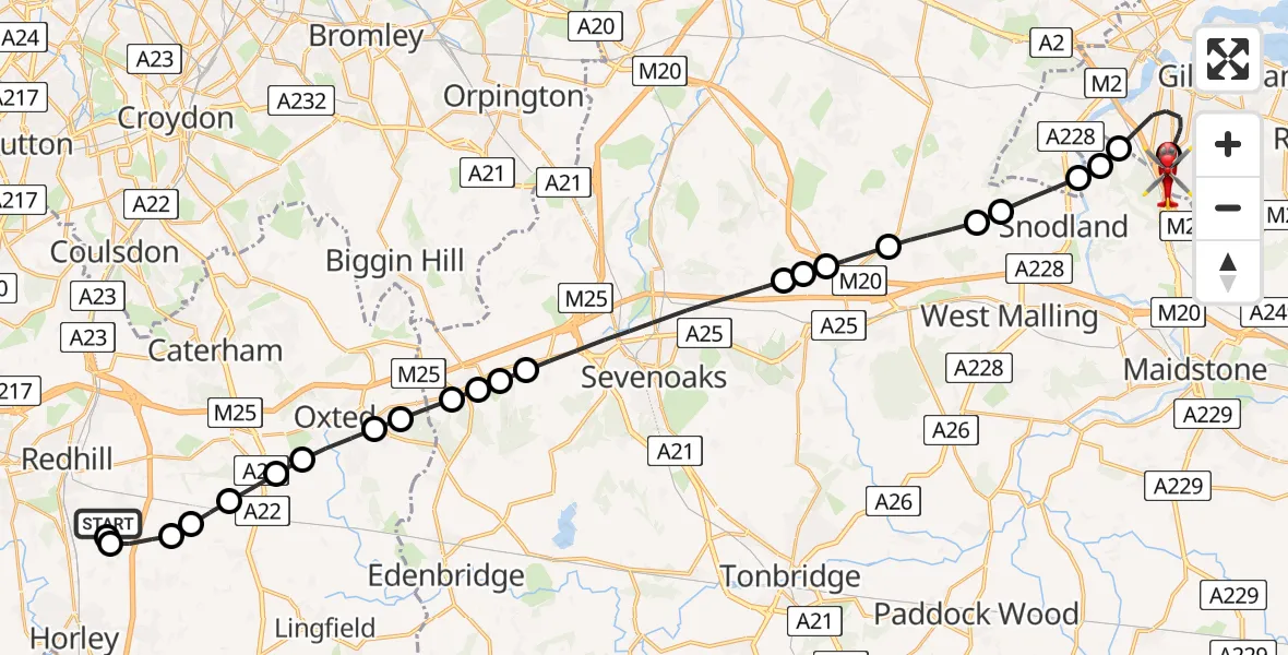 Flight path map showing Air Ambulance Helicopter route from Redhill Aerodrome to Rochester Airport