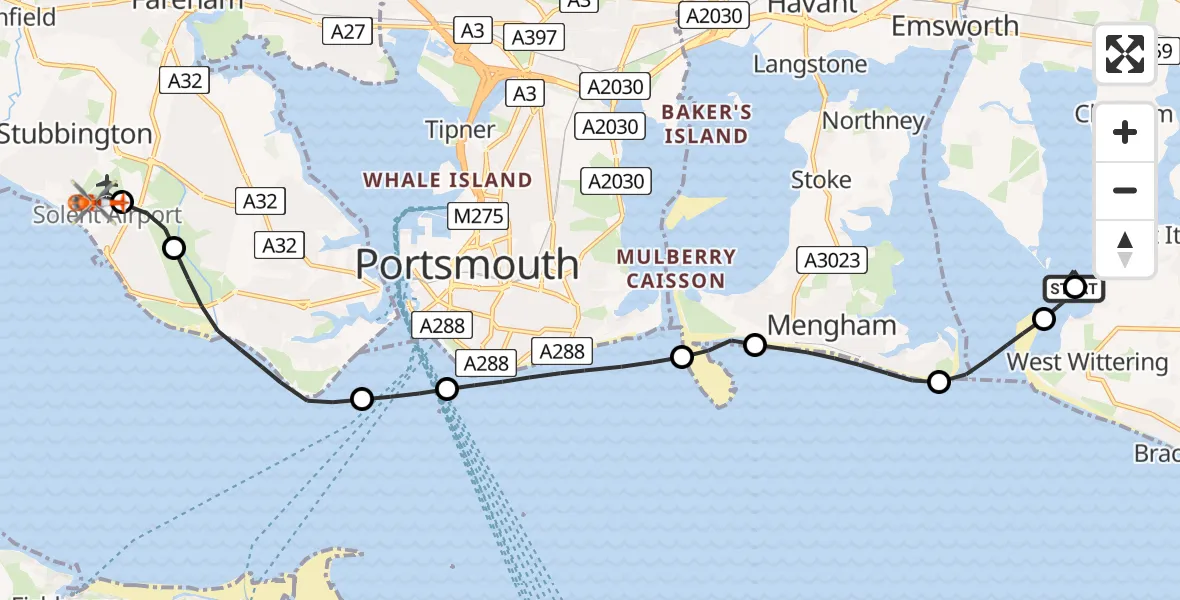 Flight path map showing Coastguard Helicopter route from West Wittering to Solent Airport
