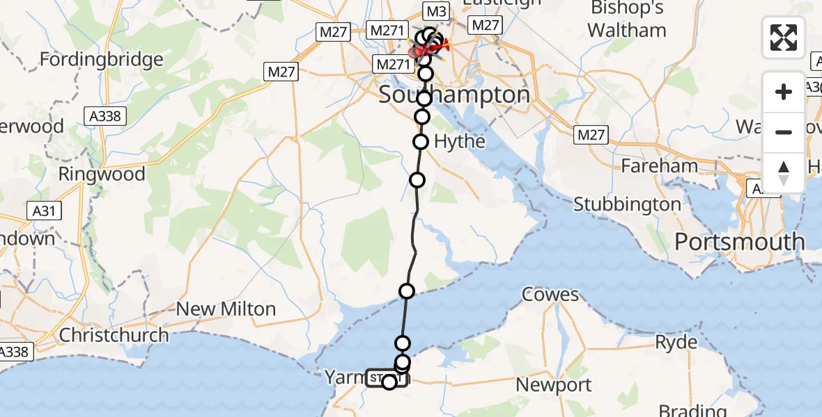 Flight path map showing Air Ambulance Helicopter route from Shalfleet to University Hospital Southampton