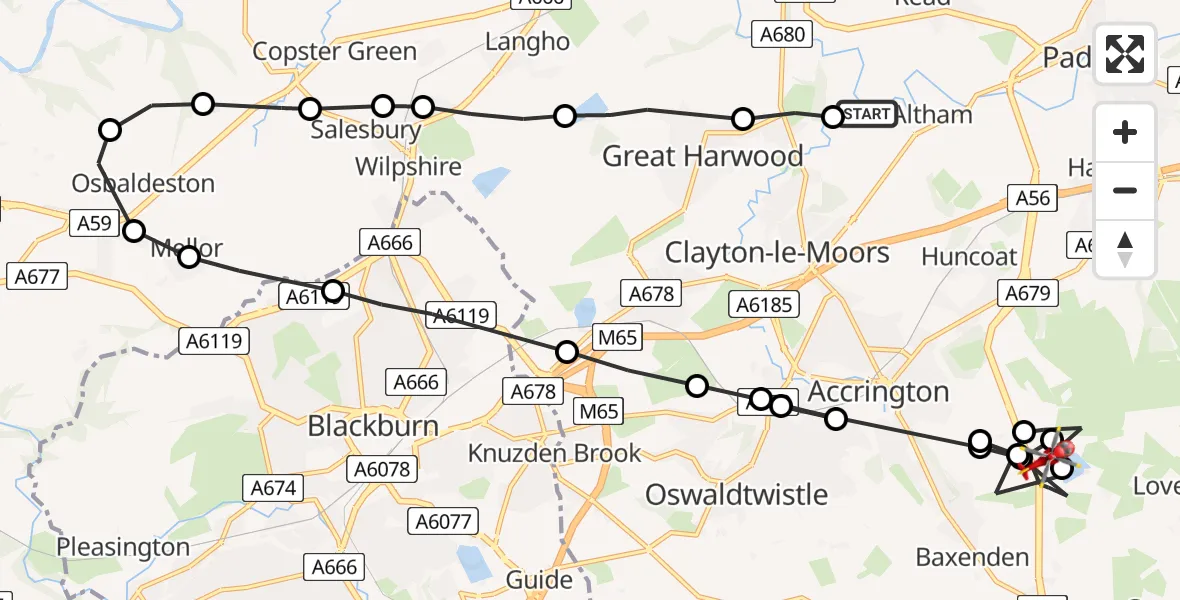 Flight path map showing Air Ambulance Helicopter route from Altham to Baxenden
