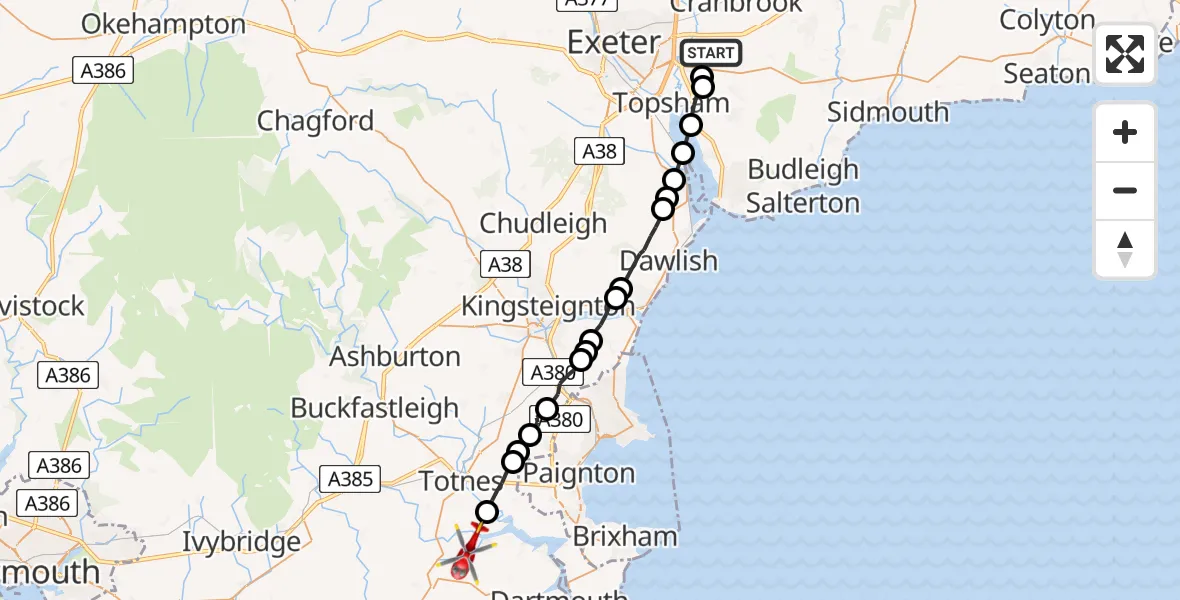 Flight path map showing Air Ambulance Helicopter route from Clyst Honiton to Cornworthy