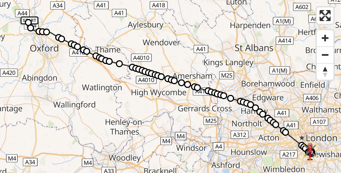 Flight path map showing Air Ambulance Helicopter route from London Oxford Airport to Kings College London Hospital