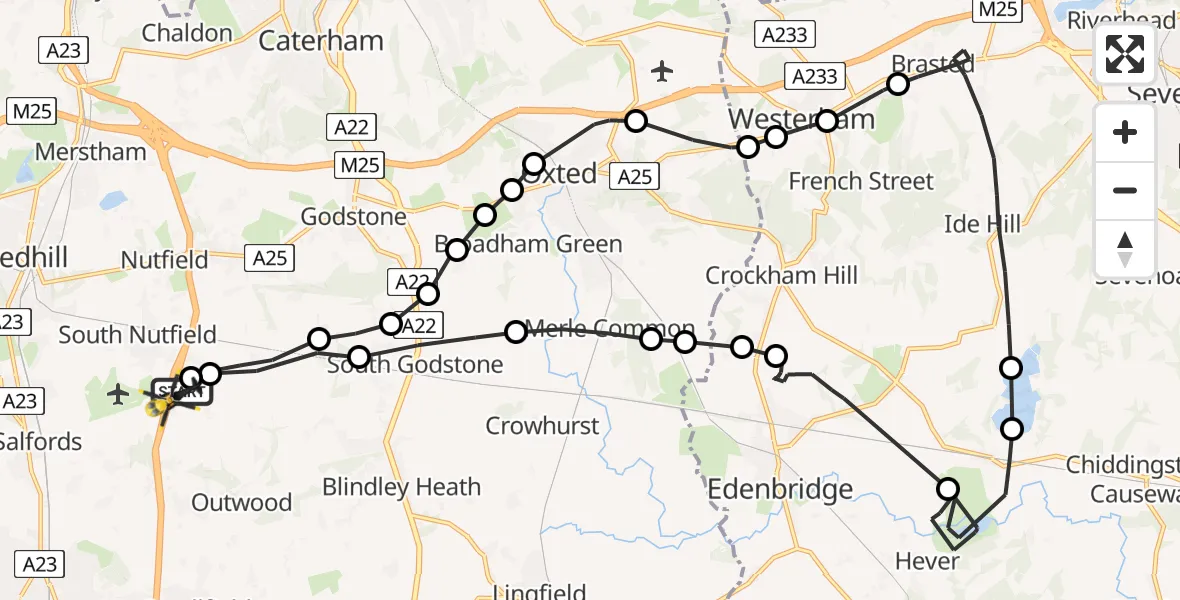 Flight path map showing Police Helicopter route from South Nutfield to South Nutfield