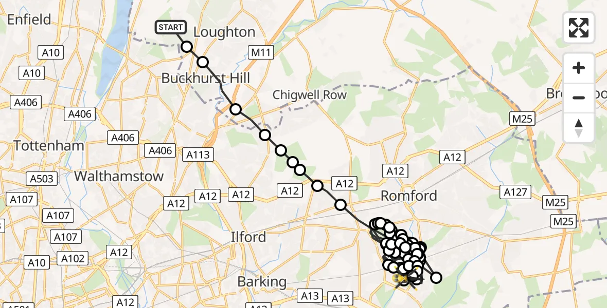 Flight path map showing Police Helicopter route from Metropolitan Police Air Support Unit Lippitts Hill to Havering