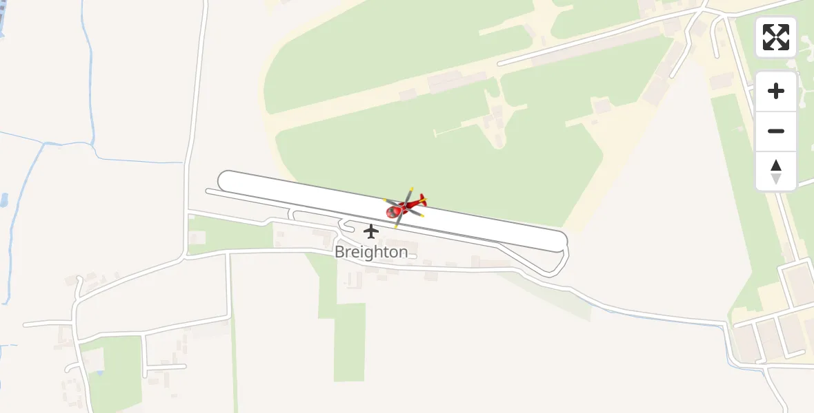 Flight path map showing Air Ambulance Helicopter route from Breighton Airfield to Breighton Airfield