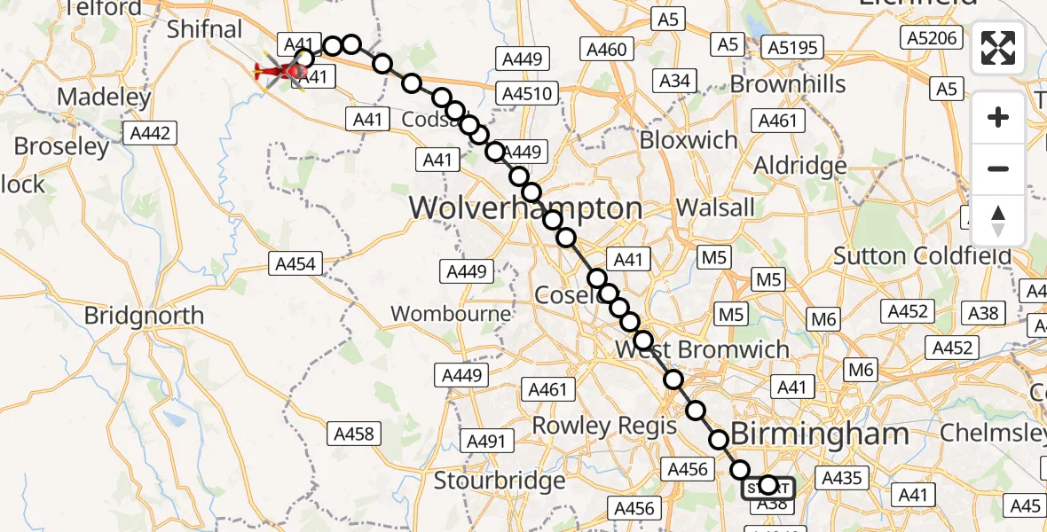 Flight path map showing Air Ambulance Helicopter route from Queen Elizabeth Hospital Helipad to Cosford