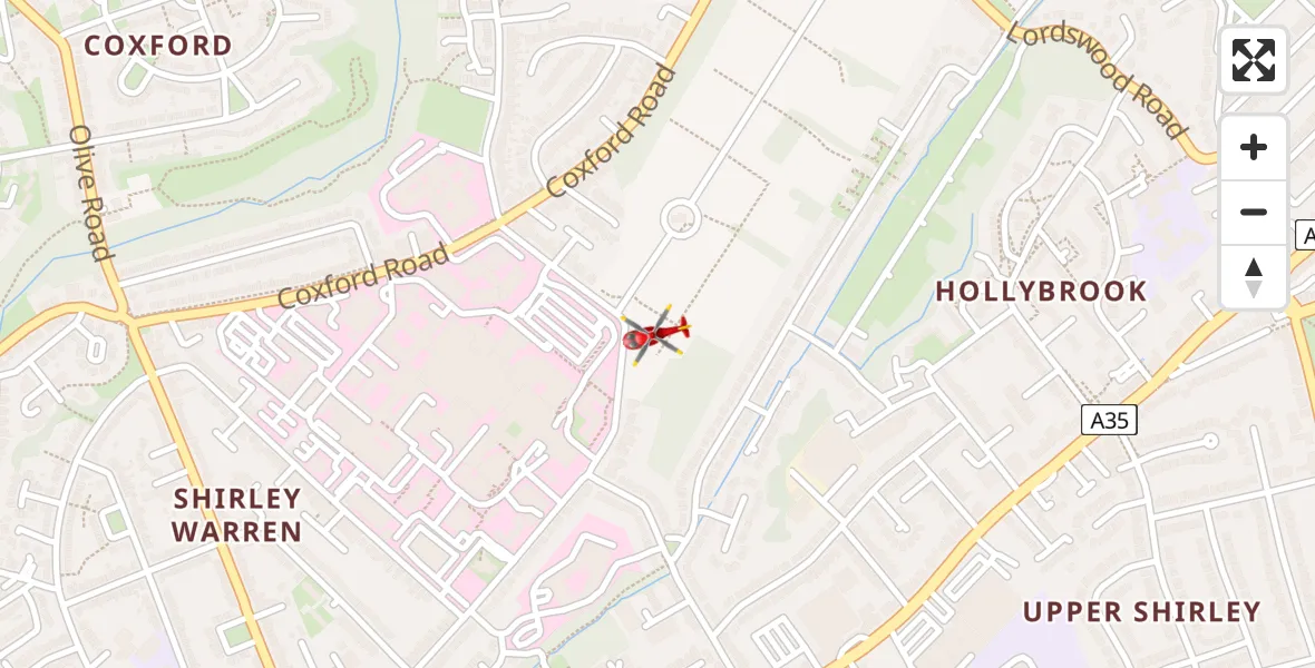 Flight path map showing Air Ambulance Helicopter route from University Hospital Southampton to University Hospital Southampton