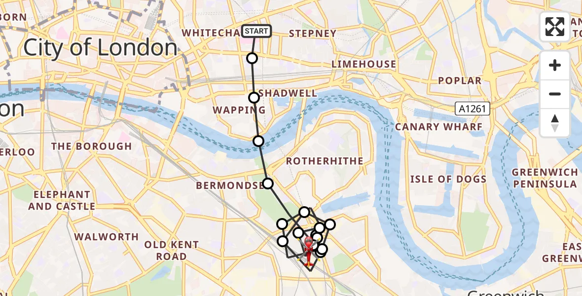 Flight path map showing Air Ambulance Helicopter route from Royal London Hospital to New Cross Gate