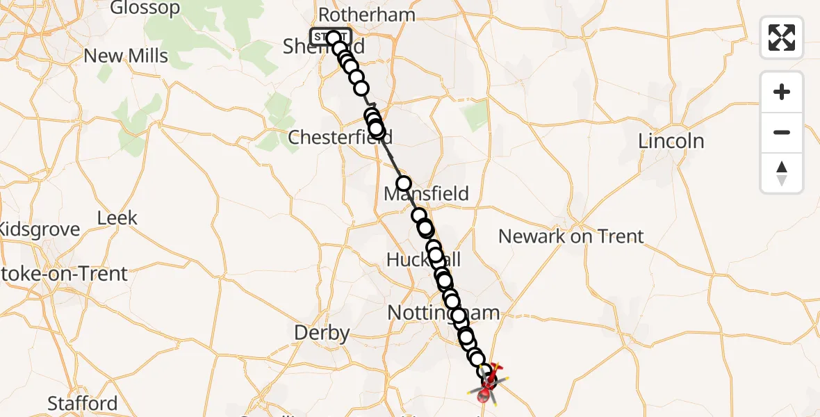 Flight path map showing Air Ambulance Helicopter route from Burngreave to Nottingham Heliport