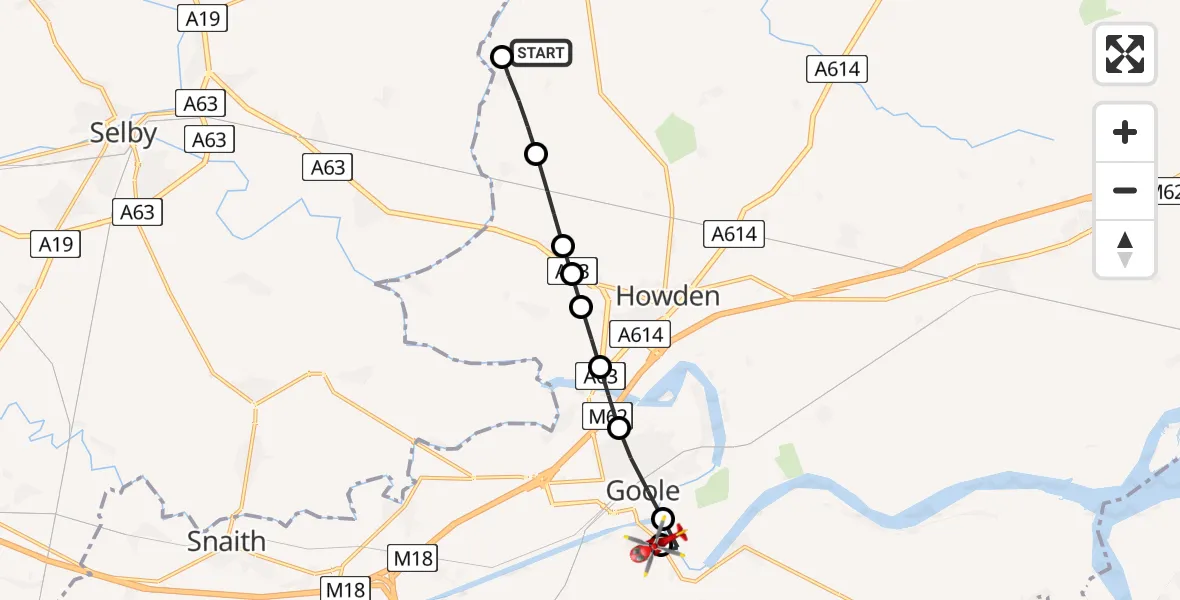 Flight path map showing Air Ambulance Helicopter route from Breighton Airfield to Goole